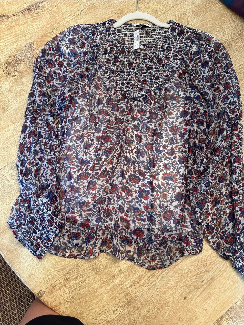Madewell Sheer Floral Smocked Blouse in Navy, Red & Cream